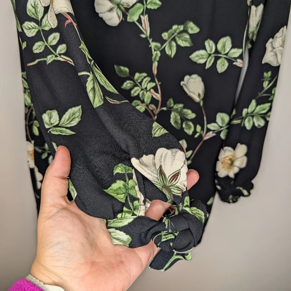 H&M Black Floral Print Long Sleeve Shift Dress Woman Size 2 - Picture 4 of 12